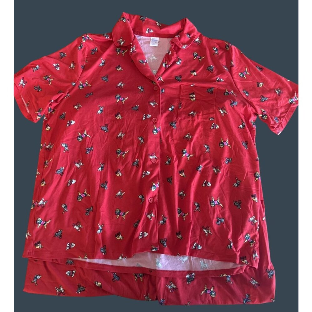 Sleep & Chic Womens XL Pajama Set w/Dog Print Button-Up Top Elastic Waist Pants
